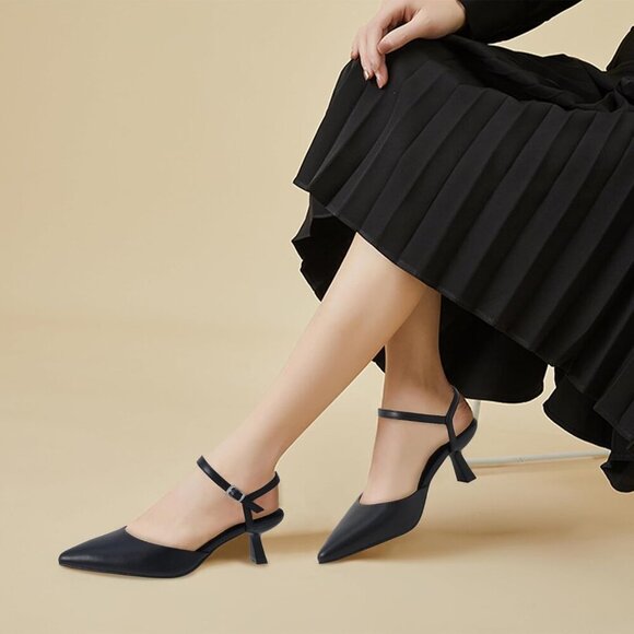 🆕Black Faux Leather Women's Pointed Toe Kitten Heels Ankle Strap Wedding Shoe - Picture 5 of 6